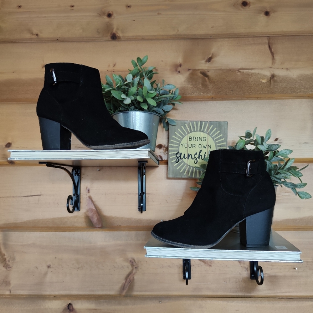 BSK Bershka Black Suede Leather Buckle Ankle Booties Block Heeled Boots Size 36